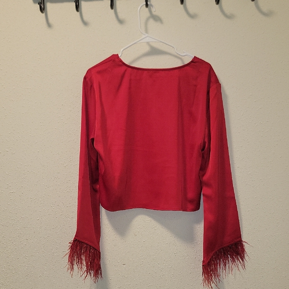 Wayf Red Crop Blouse with Embellished Bell Sleeves Sz M NWT - Picture 7 of 8